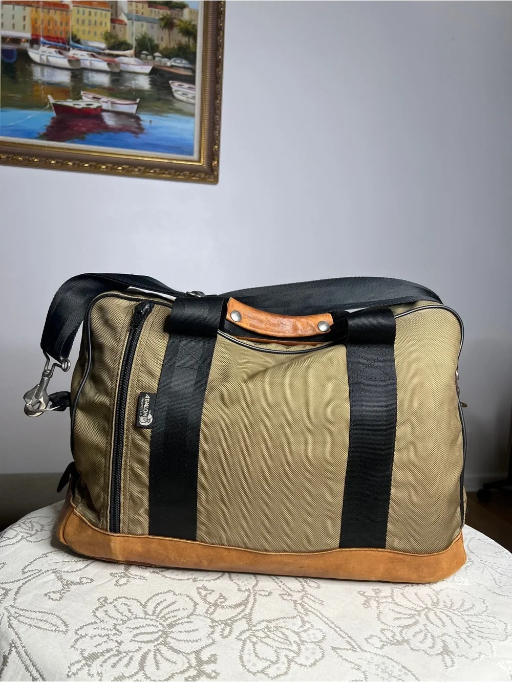 Vintage Athalon Khaki Canvas & Leather Trim Duffel Bag with Black Strap